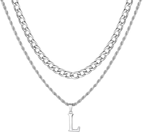 Collares iniciales para hombres, collar de letras A-Z 316L Collar de alfabina de enlace cubano de acero inoxidable Collar colgante de alfabé para novio Valentín regalo de San Valentín (Oro-L)