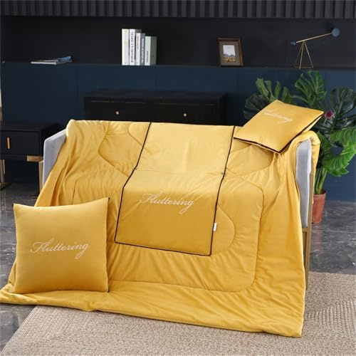 Surwin Decke Kissen 2 in 1, Modern Flannel Reisedecke Steppdecke, Verwandlungskissen, Multifunktionale Zierkissen Wohndecke Kinderdecke für Reisen Flugzeug (100x145cm,Gelb)
