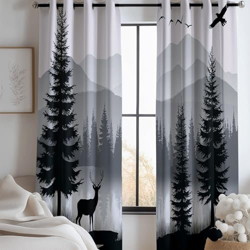 Grau Blickdichte Gardinen mit Ösen, Vorhänge Thermo H 215 x B 91.5 cm (2er Pack) für Kinderzimmer Schlafzimmer Wohnzimmer, Vorhang Einfach Waldhirsch Muster