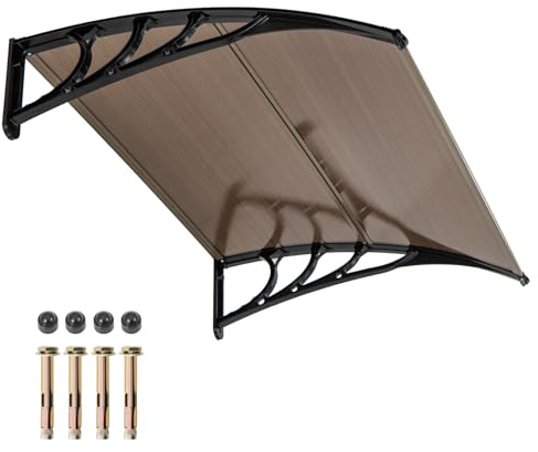 RELAX4LIFE Marquesina Puerta Exterior 122x99cm, Marquesina Policarbonato de ABS+PVC con Marco Aluminio, Toldo para Protección contra Sol, Lluvia y Viento, Toldo para Hogar, Tiendas, Cafeterías (Café)