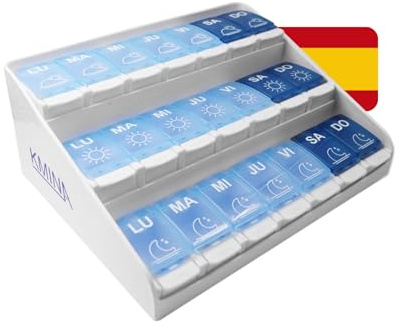 KMINA Pastillero Semanal 3 Tomas Grande Español, Organizador Medicamentos | Plástico sin BPA, Apertura con Botón, Mañana Tarde y Noche, Para Personas Mayores, Fabricado en España, Patentado