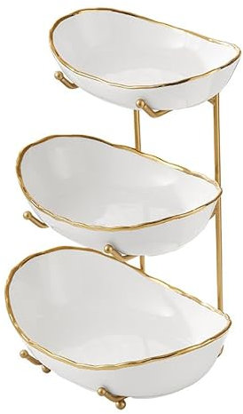 GYJZZW Cesto per frutta in ceramica per piano di lavoro della cucina, supporto per frutta a 3 livelli con supporto in metallo dorato, vassoio da portata per alimenti, verdure, torte, dessert in festa