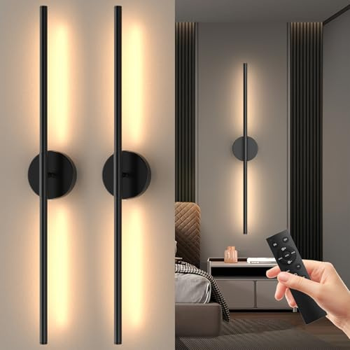 Tartek Battery Operated Wall Sconces Set of Two, Rechargeable Wall Lights with Remote Control, Dimmable 3000K-6000K LED Wall Lamp, 360°Rotate, Long Wireless Sconces for Living Room, Bedroom