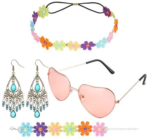 AOOWU Hippie Kostüm Set, 5 Stück Hippie Kleidung Damen Herren Accessoires mit Enthält Sonnenbrille, Stirnband, Armband, Peace-Hals-kette Ohrringe, 60er 70er Kostüm Zubehör Mottoparty Fasching Karneval