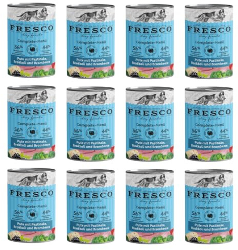 Fresco Complete-Menü Pute mit Pastinake, Brombeeren & Löwenzahn | 12er Pack | 12 x 400 g | Nassbarf für Hunde | Wichtige Proteine & Eiweiß | Grob zerkleinertes Naturprodukt