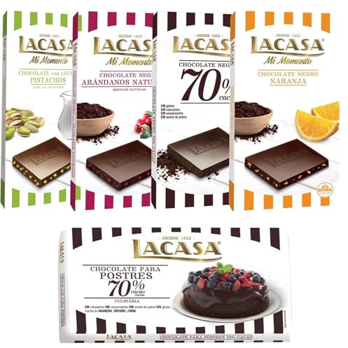 Pack Lacasa 5 deliciosas tabletas de chocolate: naranja, arandanos,leche pistacho 90g,negro,culinaria