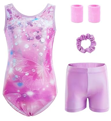 Tstiti 5-Piece Gymnastics Leotards for Girls with Shorts Scrunchie & Wristbands Toddler/Kids Dance Outfit 8-9 Years