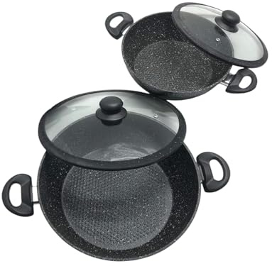 KORAT Set Tegami 10 pz con Coperchi in Vetro + Bistecchiera 26 cm, Fondo in Pietra Antiaderente, Piano Induzione e Gas, Padella per Cucinare, Cucina, Frittura, Fondo 24 e 28 h. 6cm + 5 Mestoli omaggio