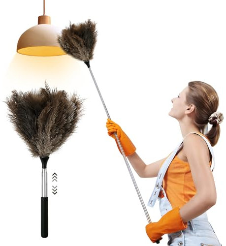 GWCYMYD Extendable Ostrich Feather Duster, 45'' Reusable Ostrich Feather Duster with Metal Handle, Fluffy Natural Genuine Feathers Cleaning Supplies for Cleaning Ceiling Fan, Blinds, Car (Black 116cm)