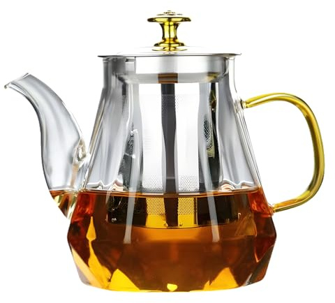 Tekanna glas med sil, tekanna glas, 1 000 ml tekanna med siktinsats, glastekanna värmebeständig, tekanna droppfri, för svart te, grönt te, doftande fruktte