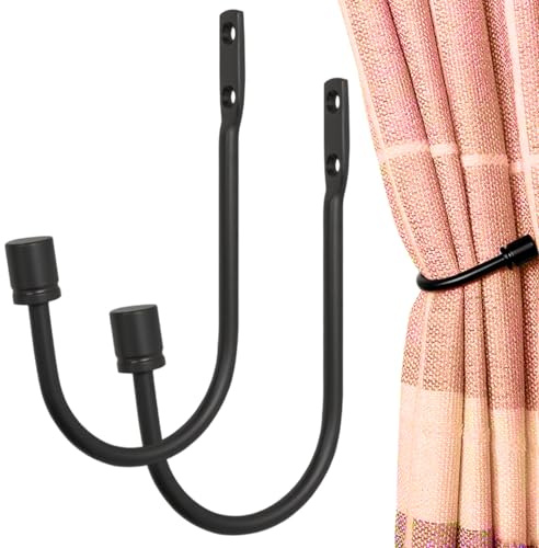 2 Pcs Curtain Drapery Holdbacks – Metal Black Curtain Tie Backs with Screws, Wall Mounted Curtain Holders for Drapes, Curtain Hooks for Living Room, Bedroom, Window Curtain Accessories