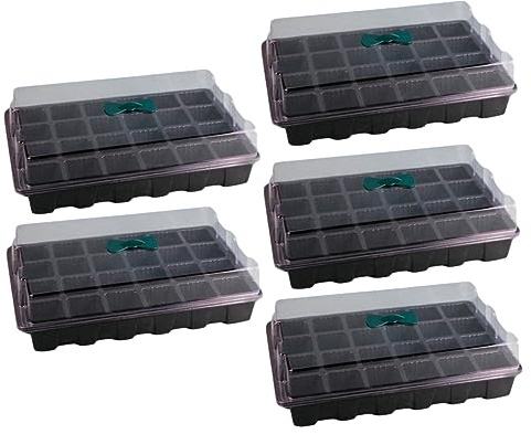 TOGEVAL 5 Set Vassoi per Germinazione Piante con Celle Traspiranti Vasetti per Piantine Idroponiche con Coperchi Trasparenti e Maniglia Semenzaio Impilabile e Resistente per Coltivazione