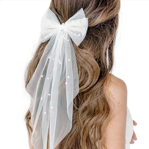 White Pearl Bridal Bow Veil for Bride to Be, Tulle Hen Party Hair Clip, Short Wedding Veil Accessories for Hen Do, Bachelorette Party, Bridal Shower Gifts