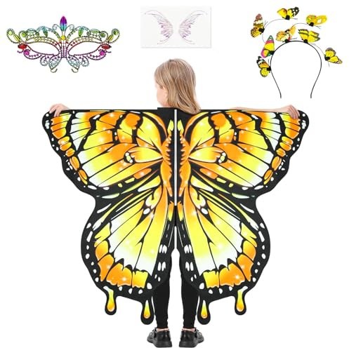 AUYAO Kinder Feenflügel Kostüm 4PC Schmetterlings Flügel Set Mädchen | Maske Haarreif Tattoo Schmetterling Umhang Flügel Prinzessinnenflügel Schmetterlings Elfen Anzieh Sets Schmetterling Kostüm