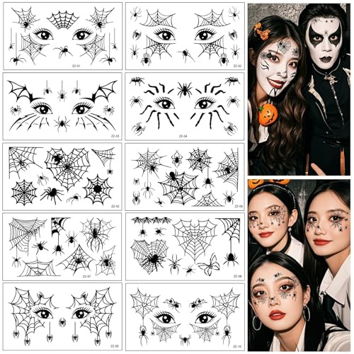 Halloween Tattoo Gesicht Spinnen, 10 Hallow een Tattoo Gesicht, Realistisch Temporäre Schädel Spinnentattoos, für Karnevalsschminke Hallowe en Masquerade