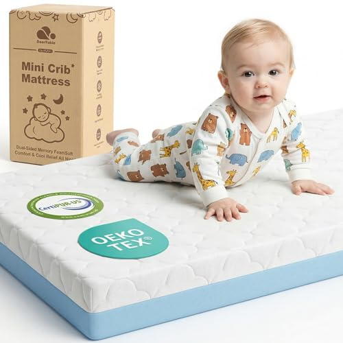 DeerFable Dual Sided Pack and Play Mattress, 3 Inch Thick Soft & Firm Memory Foam Breathable Portable Pack n Play Mattresses, 4 in1 Baby Playpen Mattresses with Removable Washable Cover - 38x26x3 Inch