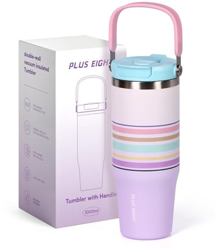 pluseight Stainless Steel Tumbler with Straw, 1000ml/32oz Travel Mug with Handle,Leakproof Reusable Travel Mug, Keeps Cold for 24H or Hot 12H, Fit in Car Cup Holder (Gradient Line)