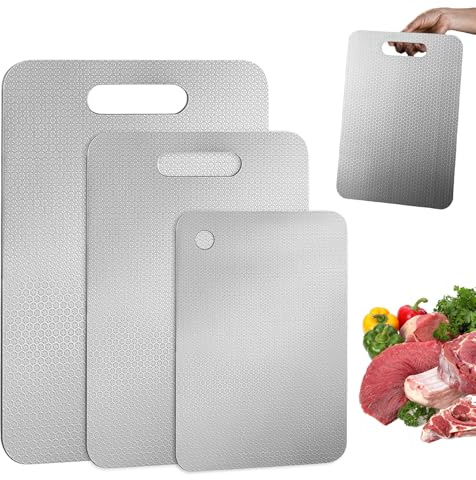 Juego de 3 tablas de cortar de acero inoxidable, tabla de cortar de doble cara para carne, frutas, queso y verduras, duradera y fácil de limpiar