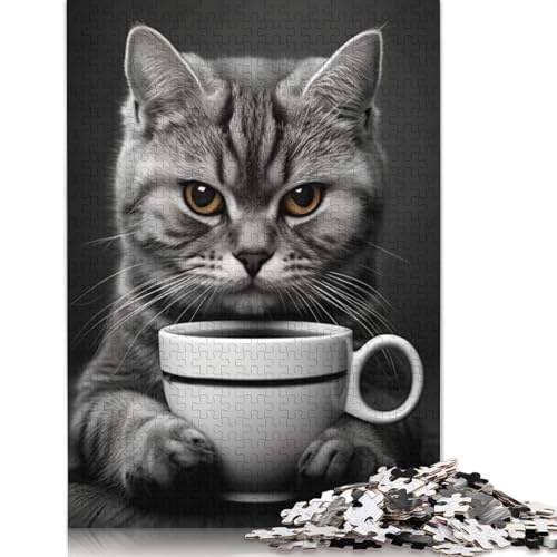 Puzzle Chat Gris avec Tasse à Café 1000 Pièces pour Adultes Puzzles 1000 Pièces Puzzles Activités Familiales Jeux Éducatifs (75x50cm)
