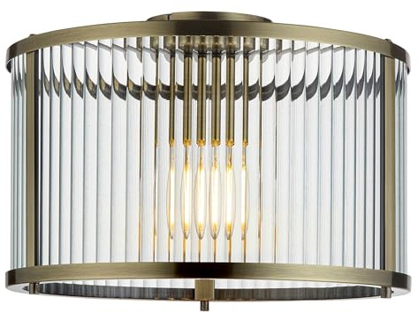 National Lighting Riley Flush Ceiling Light 310mm Antique Brass - Elegant Flush Mount Ceiling Light with Clear Ribbed Glass Shade – Dimmable E27 LED Lamp Fitting - Bulb Not Included