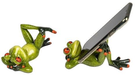 formano Frosch Handyhalter Dekofigur Handbemalte Smartphone Halterung Polyresin 15 cm | Humorvolle Wohnraumdekoration für Tisch, Regal oder Schreibtisch | Serie Froschhausen