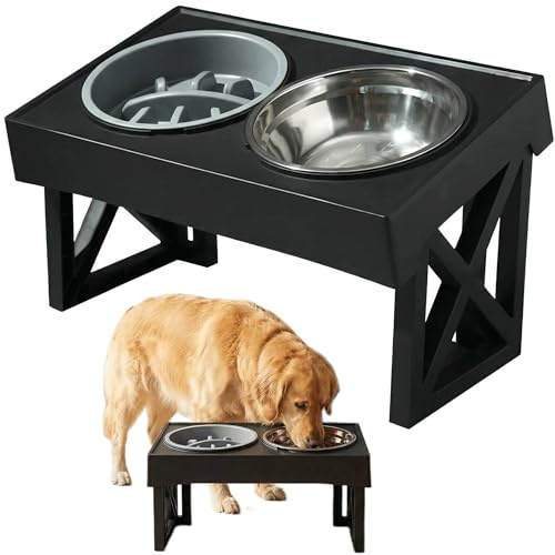 Raised Dog Bowl, 3 Heights Adjustable, Elevated Dog Bowls with Stainless Steel Dish and Slow Feeder Bowl, Non-Slip Dog Feeding Station for Small Medium and Large Dogs