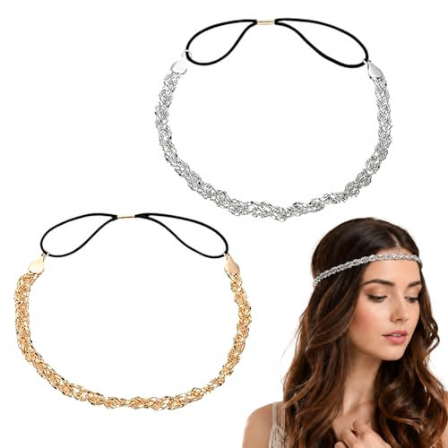 DONFORTLY 2 Stück Stirnband Set für Frauen – Silber & Golden Glitzer Haarbänder, Verstellbare Kopfkette, Elastisches Haarschmuck Stirnband für Hochzeiten, Partys und Alltag