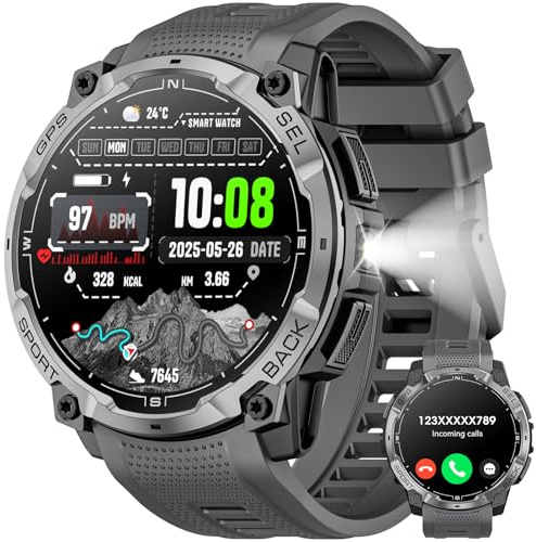 Joautrial Military Smart Watch for Men with GPS, 1.43 AMOLED HD Tactical Watch with Bluetooth Call, LED Flashlight, Compass, 100+ Sports Modes Fitness Tracker for iPhone Android (Black)