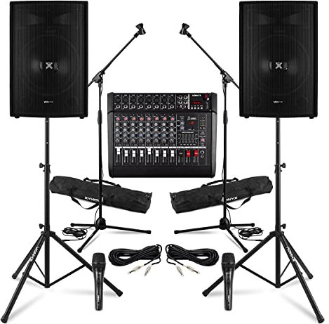 Vonyx 15 Complete PA System Package – 2x Passive DJ PA Speakers, 8-Channel Powered Mixer, 2 Microphone Sets, 2 Speaker Stands, 2x 6m Cables for Live Bands, Singing, Events, Church Use