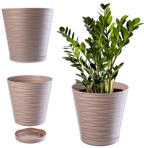 KADAX Pot de Fleurs en Plastique avec Soucoupe Incorporée, Pot de Plantes avec Conception Raffinée pour la Décoration d'Intérieur (15 cm, Beige)