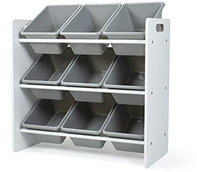 Humble Crew Explorer Wooden Toy Storage Organiser for Children, with 9 BPA Free Plastic Removeable Storage Bins, Ideal for Storing Toys, Games, Books and Craft Supplies - White/Grey