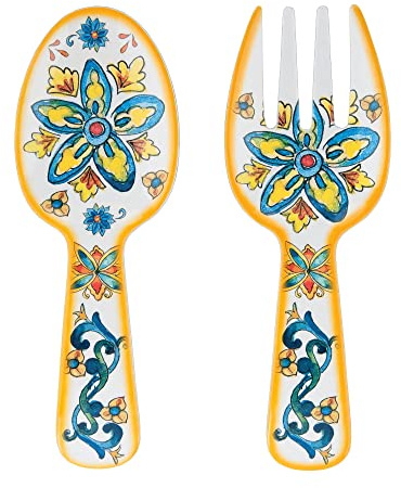UPware Chianti Melamine Salad Servers, Serving Utensil Set, Includes Serving Fork and Spoon for Tossing Salad, Pasta, Multicolor, 10.75 Inch, Set of 2