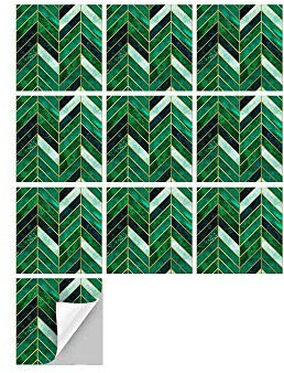 Hiseng 10pcs Kitchen Bathroom Wall Tile Stickers, DIY Square Decals Simple Luxury Retro Style Sticker for Kitchen Living Room Bathroom Home Decor Self-Adhesive (Emerald Herringbone,15x15cm)