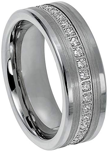 Jewelry Avalanche Men's Eternity Tungsten Band - Tungsten Carbide Wedding Band with Prong-set White CZ Accent - Comfort Fit Tungsten Anniversary Ring - #777s13