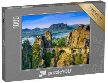 puzzleYOU: Puzzle 1000 Teile „Sonnenaufgang an der Bastei in der Sächsischen Schweiz, Deutschland“ – aus der Puzzle-Kollektion Natur, Brücken, Deutschland, Brücken & Brunnen, Sächsische Schweiz