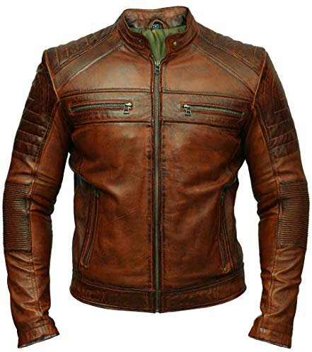 Chaqueta de piel envejecida marrón encerada para motociclista, estilo retro, vintage, para motociclista, marrón, XXL