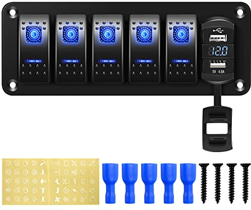 Panneau de Commutateur 5 Gangs à Bascule Étanche 12V 24V Interrupteur avec Protection pour Voiture Bateau Camion