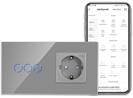 CNBINGO WLAN Steckdose und Smart Lichtschalter - Touchschalter dreifach und Schuko Steckdose Unterputz Arbeit mit Alexa, Google Assistant - Glasrahmen und Status-LED - Neutralleiter Wird Benötigt