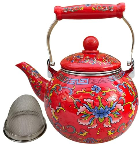 DOITOOL Tetera de cerámica esmaltada de 2,2 L, tetera grande de porcelana esmaltada, tetera floral para estufa, hervidor de agua caliente, olla esmaltada en acero con infusor, sin silbidos, rojo