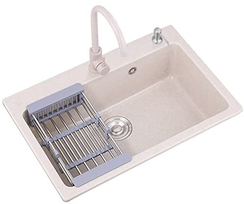Lavello da sottopiano Lavelli da Cucina a Vasca Singola in Pietra di Quarzo 1 Scomparto per Lavare Le Mani con Accessori, Installazione a Incasso o dall'alto