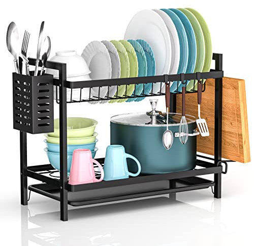 Carastek Abtropfgestell Geschirr, Geschirrkorb Geschirrabtropfgestell Edelstahl Geschirr Abtropfständer Geschirrabtropfgestell mit Utensilienhalter Abtropfschale Haken für Küchentheke Spüle Organizer