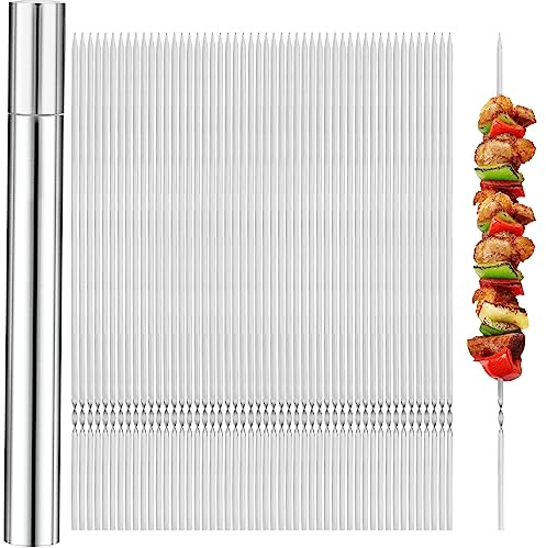 Minatee 100 Pcs Metal Kebab Skewers for Grilling Stainless Steel 13.2'' Flat Barbecue Skewers Reusable BBQ Stick Portable Metal Storage Tube for Kitchen Party Cooking