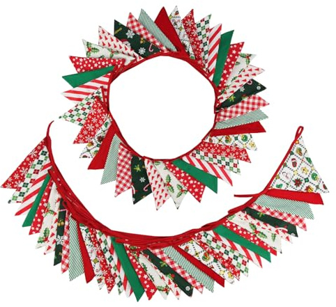 Zwiebeco 32Ft Christmas Pennant Fabric Triangle Flags Garland Red Green White Cotton Bunting Banner for Merry Xmas Party Birthday Wedding New Year Fireplace Home Garden Outdoor Decorations