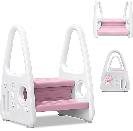 SUBTLETY 2 Stufen Tritthocker für Kinder Lernturm PP Kunststoff Trittleiter Baby Küchenhelfer mit Sicherheitgriff Stehender Belast bis 50KG Trittschemel für Babyzimmer & Kleinkinderzimmer (Rosa)