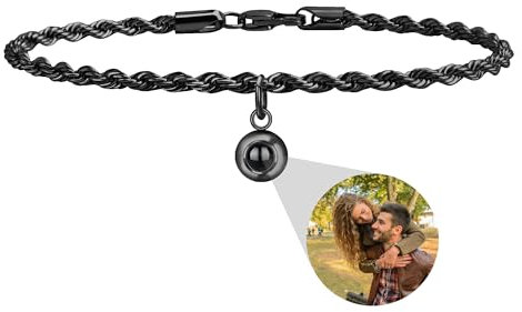 Foto Armband Personalisierte Projektion Armband mit Eigenen Bild Lupe Versteckte Foto Halskette für Herren Männer Damen Frauen, Kordelkette Rope Kette Edelstahl Verdrehte Armband Silber Gold Schwarz