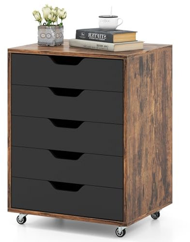 COSTWAY Rollcontainer mit 5 Schubladen, mobiler Aktenschrank mit Rädern, Bürocontainer Schubladenschrank Rollschrank Rollwagen, Schubladenkommode für Zuhause Büro (Braun)