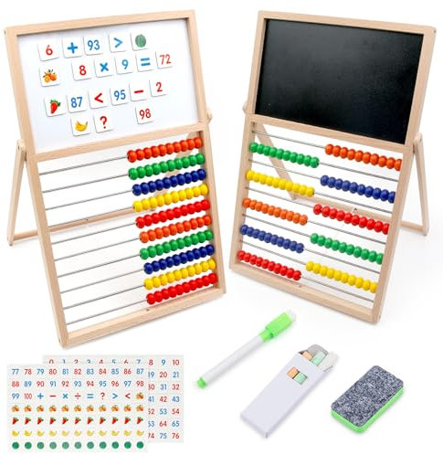 Criveple Grundschule Rechenschieber Abakus, Zählen und Berechnen Holz Abakus mit Tafel, 0-100 Zahlen und Obst magnetische Aufkleber, pädagogische Spielzeug Montessori Spielzeug