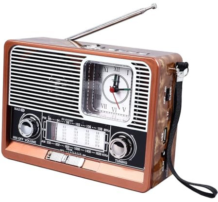 Radio Retro BT FM Am SW, Radio Multifuncional Portátil Vintage, con Linterna LED, Reloj, Tarjeta de Memoria USB Función de Reproductor de Música