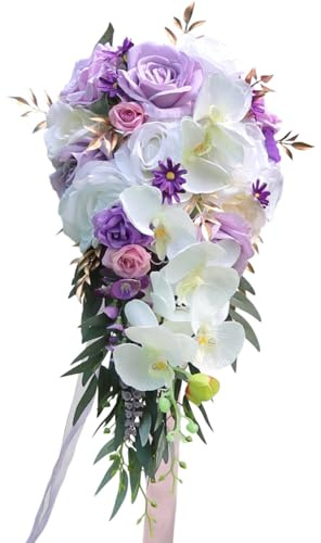 Fouriding Hochzeit Blumenstrauß für Braut,Wasser Tropfen Wasserfall Brautstrauß künstliche Blumen halten Blumen für Zeremonie Jahrestag Hochzeit Dekoration (Taro Violett)