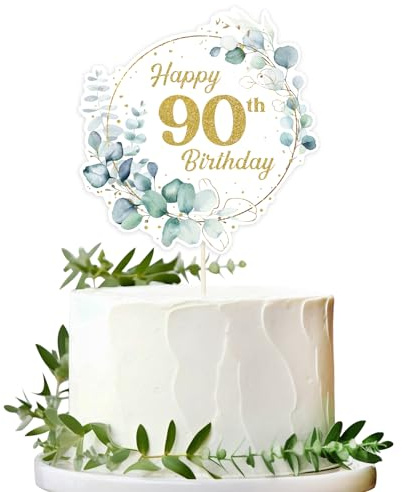 Décoration de Gâteau Joyeux Anniversaire 90 ans Gâteau Cake Topper Happy 90th Birthday forme Feuille Vert Cupcake Topper Personnalisée Décoration de Table pour Mariage Anniversaire Fête